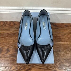 Prada Black Leather Flats with Logo Ribbon worn lightly